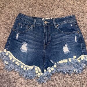 Altar’d State size 28 size 7 Denim Jean shorts with Pom-Poms blue
